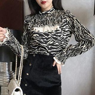 Ruffle Trim Zebra Print Blouse As Shown In Figure - One Size