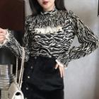 Ruffle Trim Zebra Print Blouse As Shown In Figure - One Size