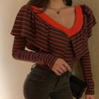 Long-sleeve V Neck Striped T-shirt