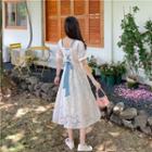Square-neck Two Tone Drawstring Bow A-line Dress