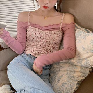 Long-sleeve Off-shoulder Crop Top / Floral Print Camisole Top