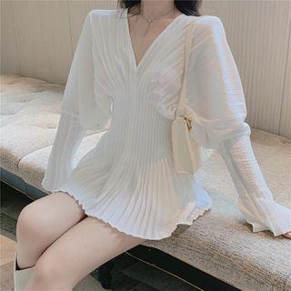V-neck Long-sleeve Pleated A-line Dress
