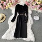 V-neck Velvet Puff Long-sleeve Plain Dress