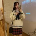Sailor Collar Cable Knit Sweater / Plaid Mini Straight-fit Skirt