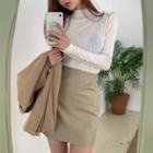 Mock-turtleneck Long-sleeve T-shirt / Faux Leather A-line Skirt