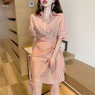 Striped Short-sleeve Shirtdress As Figure - One Size