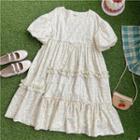 Puff-sleeve Floral Print A-line Dress Pink & Mint Green & Yellow Floral - White - One Size
