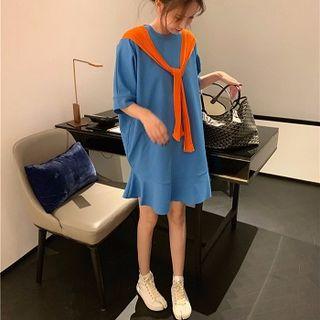 Plain Crewneck Elbow-sleeve Dress / Plain Cape