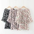 3/4-sleeve Frill Trim Floral Top