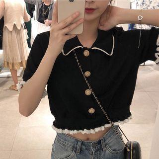 Collared Short-sleeve Cropped Cardigan Black - One Size