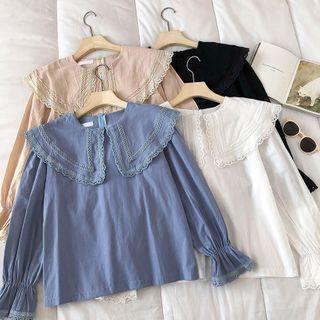 Plain Lace-trim Peter-pan Collar Long-sleeve Blouse