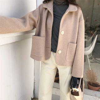 Plain Collar Woolen Long-sleeve Button Jacket