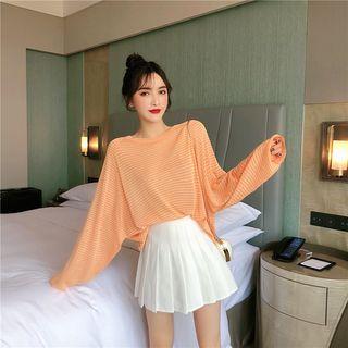 Long-sleeve Striped Top / Pleated Skirt