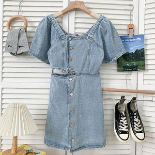 Cutout-waist Button-up Denim Mini Dress