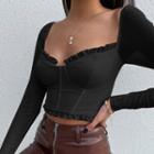 Long Sleeve Square-neck Ruffled-trim Crop Top