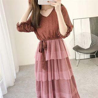 Layered Mesh-hem Mock Two-piece Floral Dress