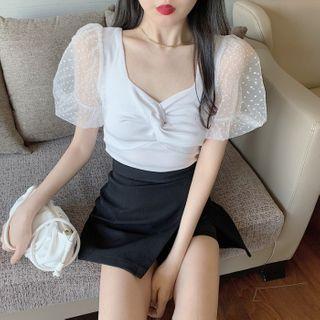 Puff-sleeve Dotted Mesh Knot-front Top