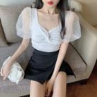 Puff-sleeve Dotted Mesh Knot-front Top