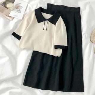 Short-sleeve Knit Polo Top / Midi A-line Skirt