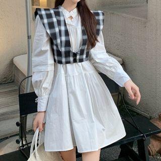 Ruffle Trim Mini A-line Dress / Plaid Vest
