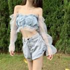 Off-shoulder Ruffled Mesh Blouse Sky Blue - One Size