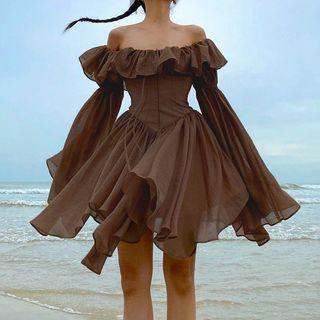 Off-shoulder Plain Flared Sleeve A-line Dress