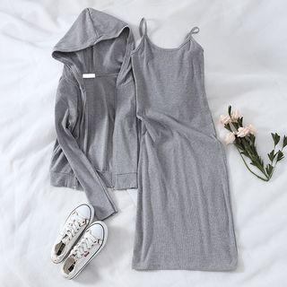 Set: Hooded Zip Jacket + Crew-neck Spaghetti Strap Midi Dress