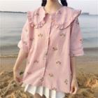 Floral Embroidered Peter Pan Collar 3/4-sleeve Blouse