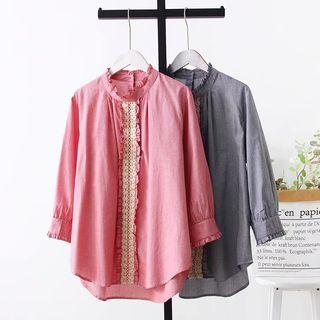 3/4-sleeve Lace Panel Plaid Blouse
