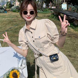 Puff-sleeve Asymmetrical Mini Cargo Shirtdress