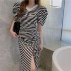 Short-sleeve Striped Midi Dress Stripes - White & Black - One Size