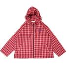 Rabbit Embroidered Hooded Plaid Zip Jacket Red - One Size
