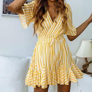 Striped Ruffle-trim Short-sleeve Mini A-line Dress