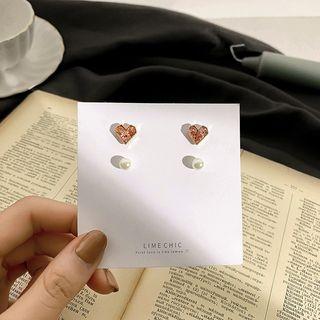 Set: Faux Pearl / Rhinestone Heart Stud Earring As Shown In Figure - One Size