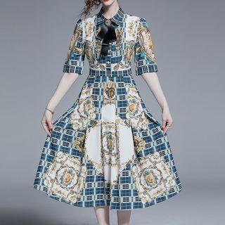 Elbow-sleeve Pattern Panel A-line Midi Dress