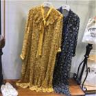 Long-sleeve Floral Print Chiffon Dress With Pleated Collar