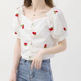 Cherry Embroidered Short-sleeve Cropped Blouse Red - One Size