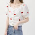 Cherry Embroidered Short-sleeve Cropped Blouse Red - One Size