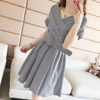 Short-sleeve Striped Wrap A-line Dress With Belt