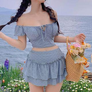 Off-shoulder Eyelet Lace Bikini Set