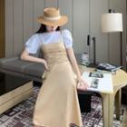 Set: Puff-sleeve T-shirt + Spaghetti Strap Shirred Midi A-line Dress