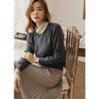 Contrast-collar Faux-pearl Knit Top