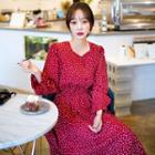 Puff-shoulder Dotted Long Flare Dress