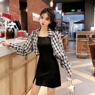 Plain Spaghetti-strap Dress + Plaid Shirt