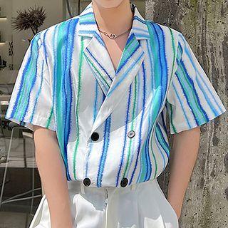 Elbow-sleeve Striped Double-breasted Shirt