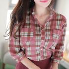 Open-placket Tab-sleeve Plaid Shirt Pink - One Size