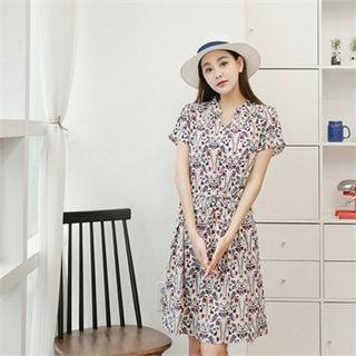Short-sleeve Drawstring-waist Floral Print Dress