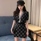 Knit V-neck Top + High-waist Skirt Set Black - One Size