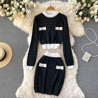 Set: Contrast Trim Knit Top + Knit Skirt