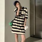 Short-sleeve Polo Collar Wide Striped Top / Short-sleeve Polo Collar Wide Striped Dress